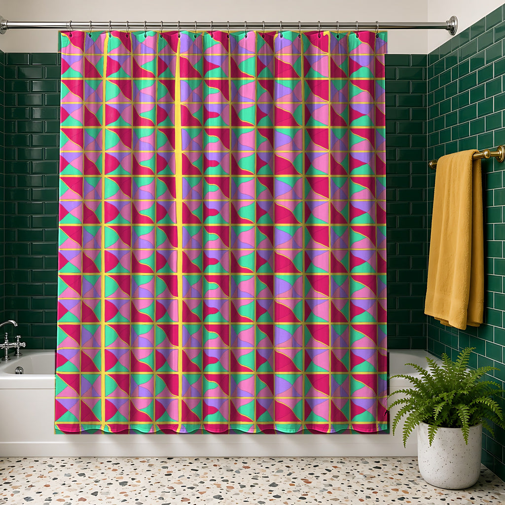 Split Square Fiesta Shower Curtain in the Candy Pop on Raspberry palette, hanging in a bathroom with emerald tiles