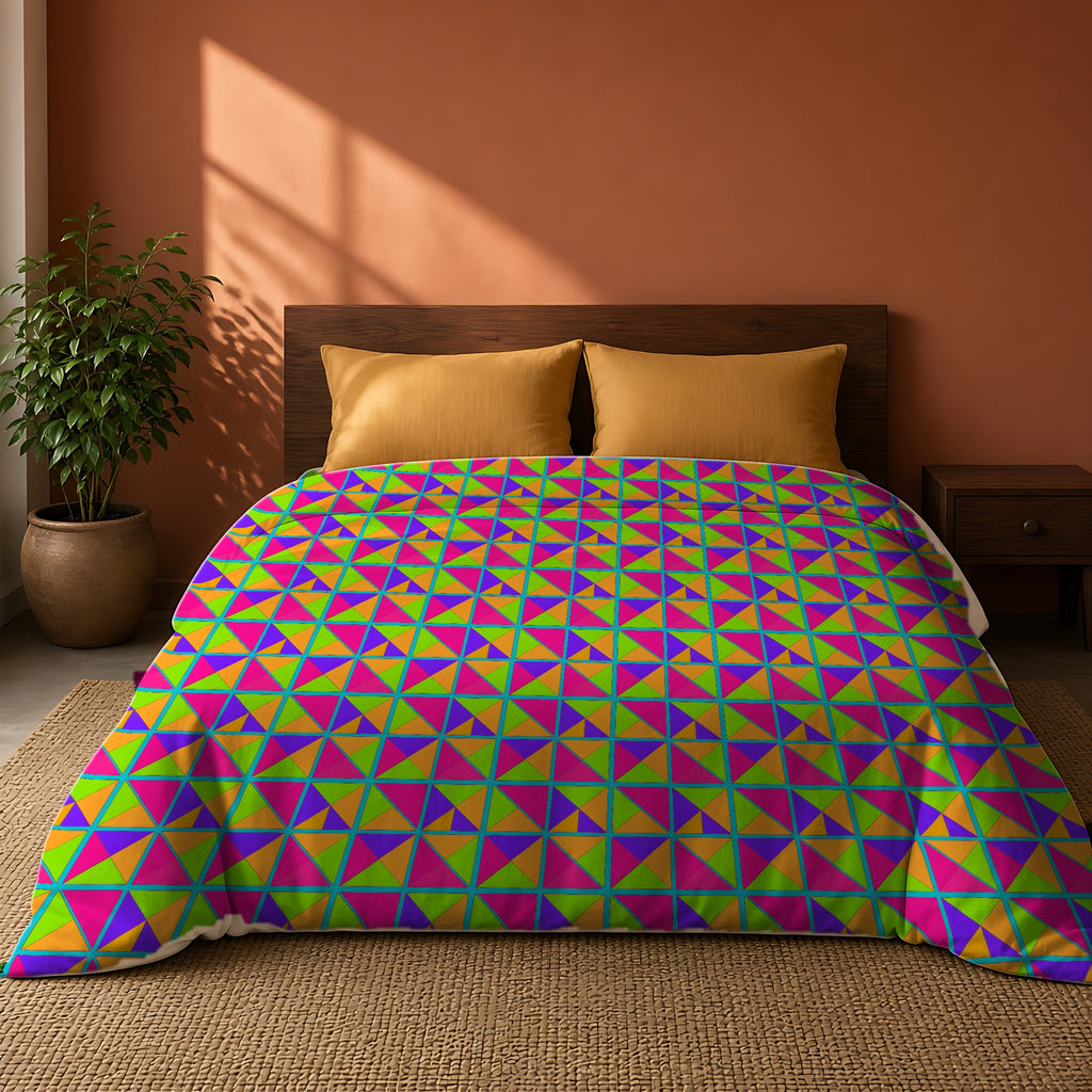Split Square Fiesta Comforter on a king bed against a warm terracotta wall