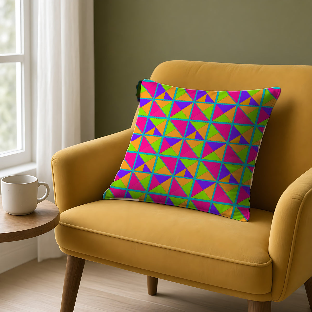 Split Square Fiesta Faux Suede Cushion on a mustard armchair by a window