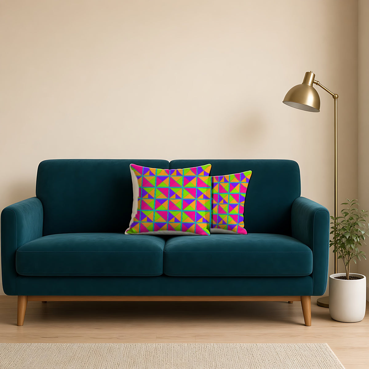 Split Square Fiesta Faux Suede Cushion on a teal velvet sofa