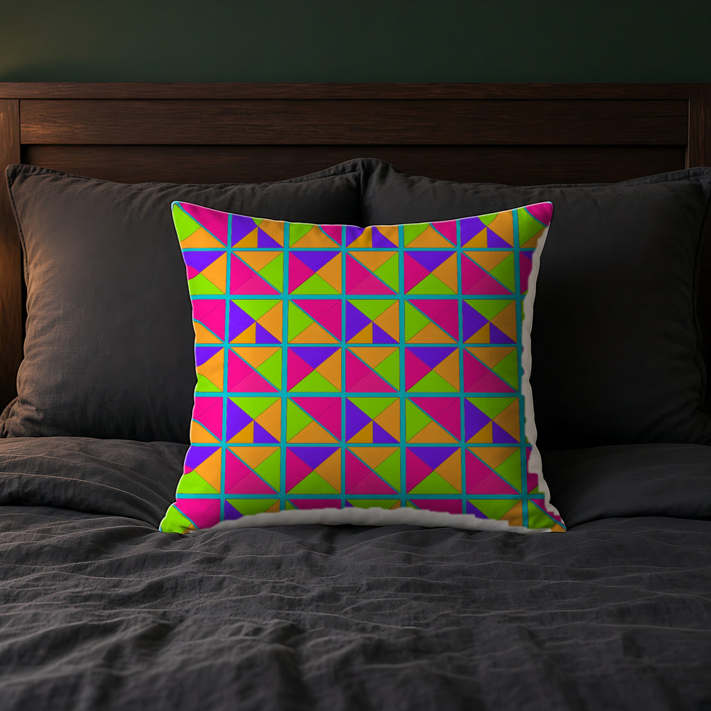 Split Square Fiesta Faux Suede Cushion on a bed with charcoal bedding