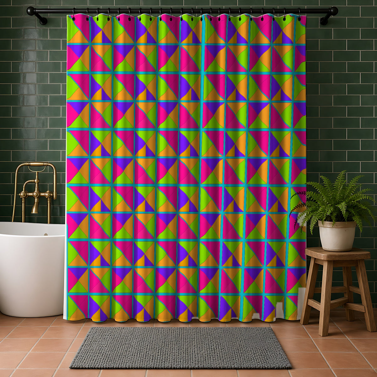 Split Square Fiesta Shower Curtain in a bathroom with dark green tiles