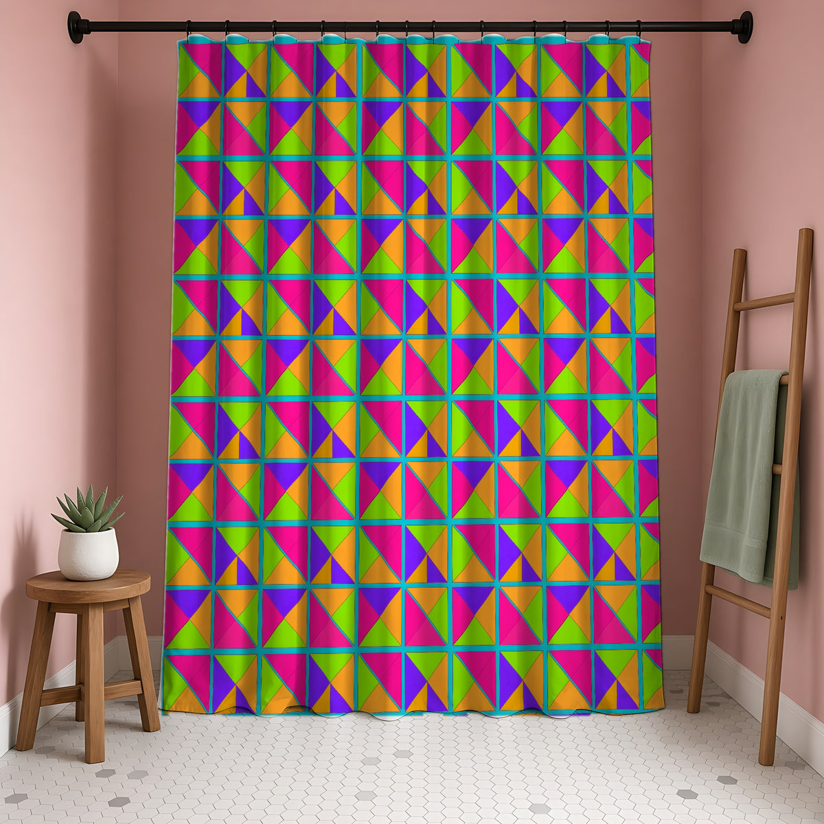 Split Square Fiesta Shower Curtain in a blush-pink bathroom