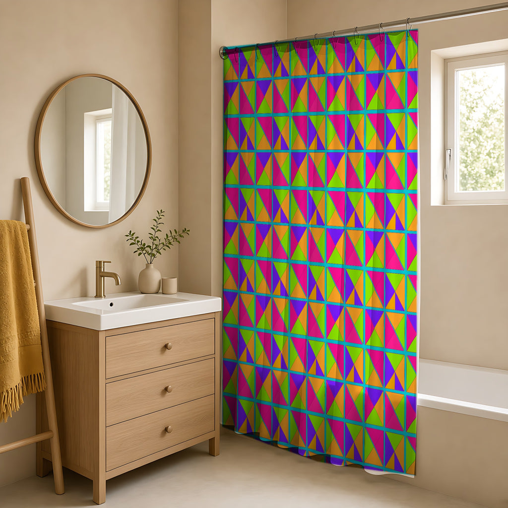 Split Square Fiesta Shower Curtain in a warm neutral bathroom with an oak vanity