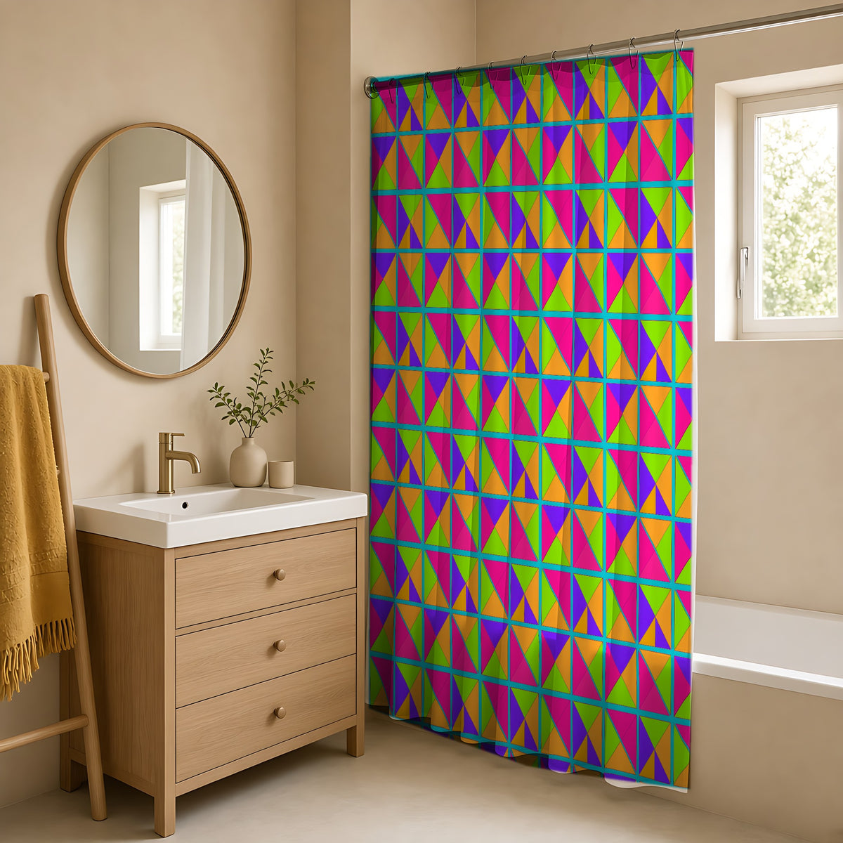 Split Square Fiesta Shower Curtain in a warm neutral bathroom with an oak vanity