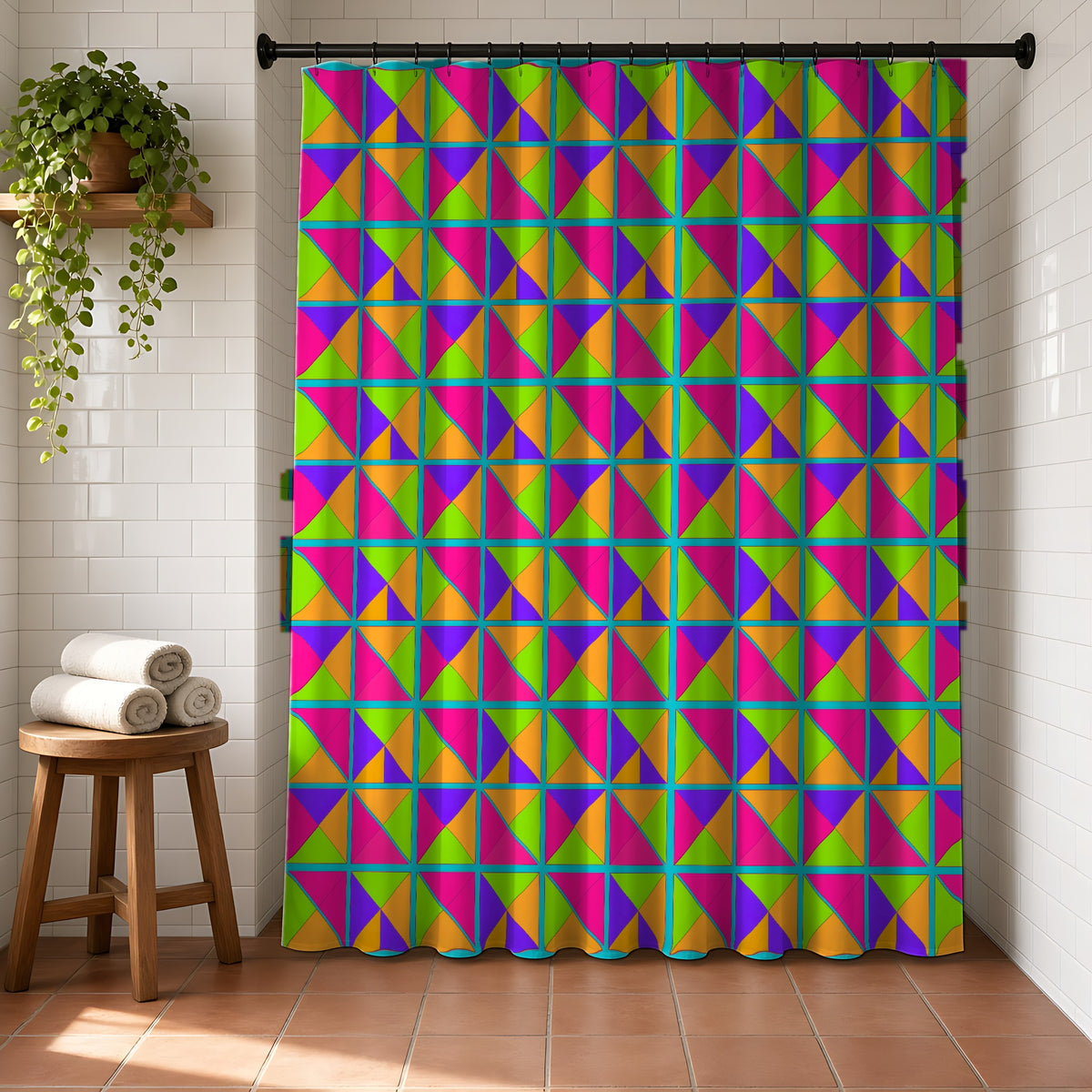 Split Square Fiesta Shower Curtain in a bright bathroom with white tiles and a terracotta floor