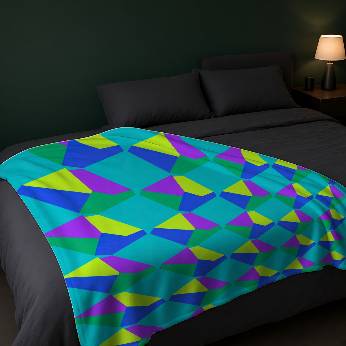 Grand Fractured Rhombus Sherpa Fleece Blanket across the foot of a dark bed