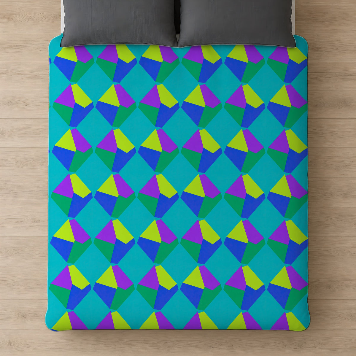 Grand Fractured Rhombus Cotton Duvet Cover on a bed, seen from above
