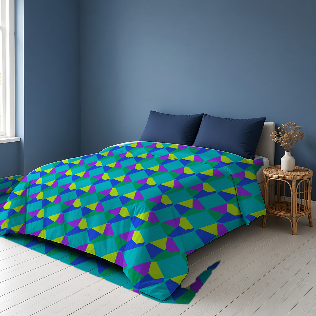 Grand Fractured Rhombus Cotton Duvet Cover on a bed in a Scandinavian blue bedroom