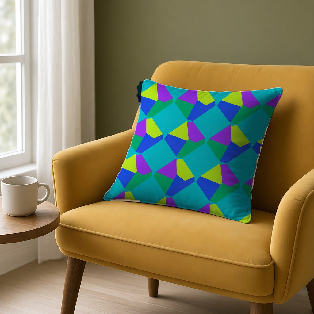 Grand Fractured Rhombus Faux Suede Cushion on a mustard armchair by a window