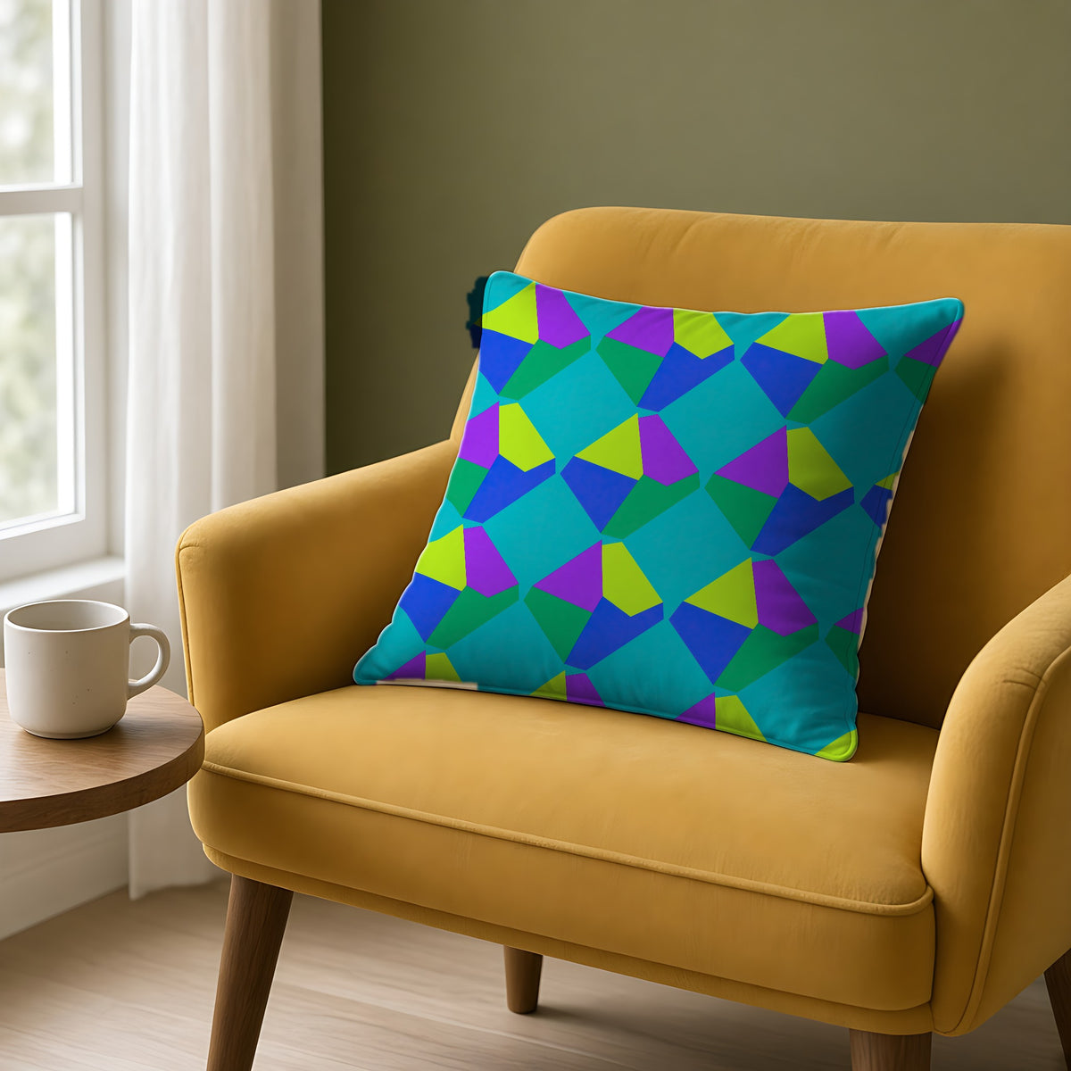 Grand Fractured Rhombus Faux Suede Cushion on a mustard armchair by a window