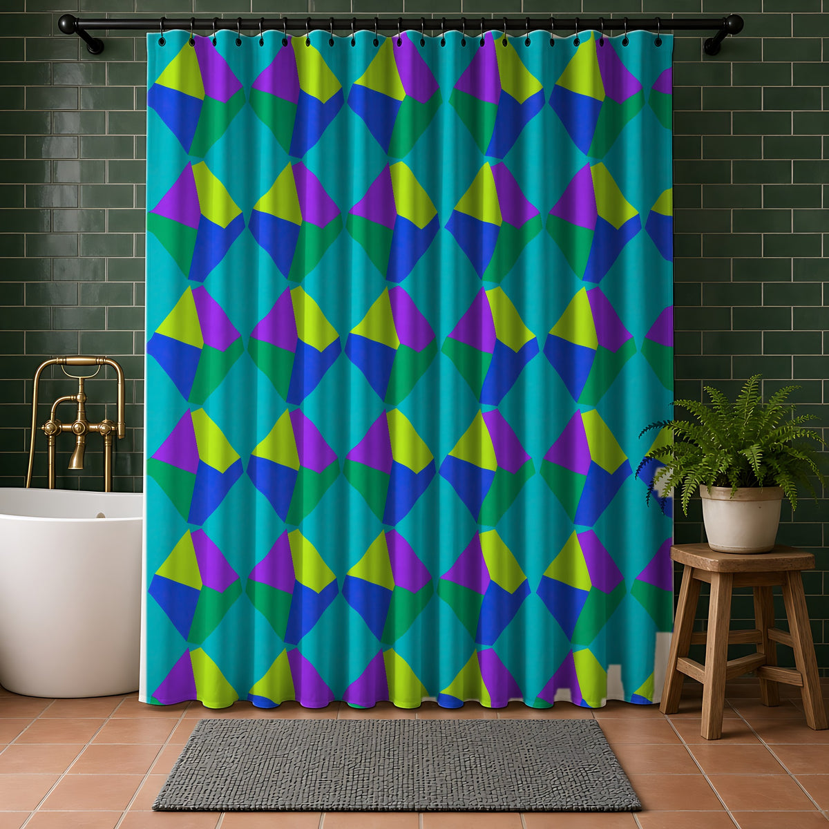 Grand Fractured Rhombus Shower Curtain in a bathroom with dark green tiles