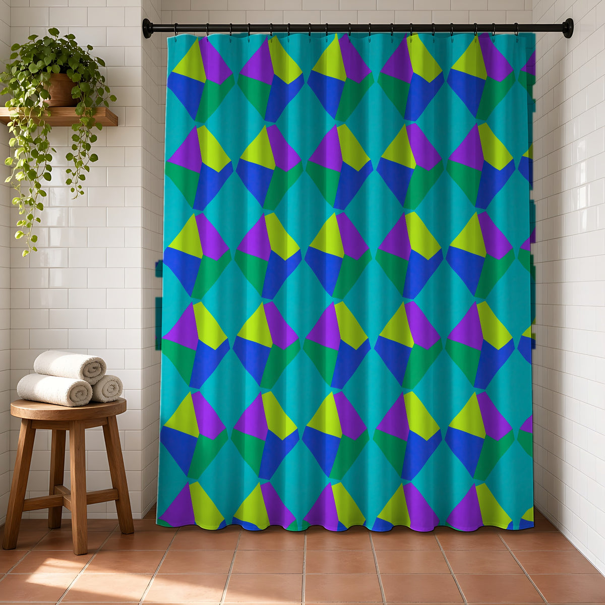 Grand Fractured Rhombus Shower Curtain in a bright bathroom with white tiles and a terracotta floor