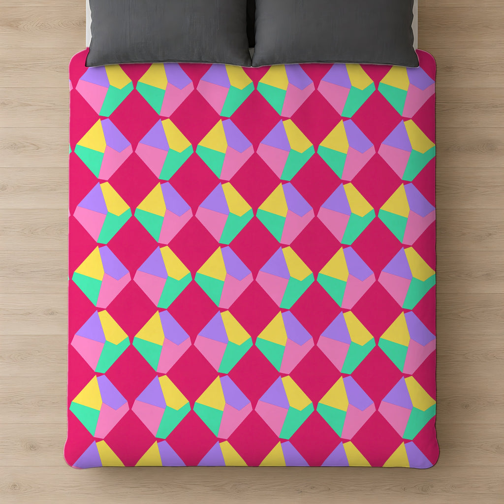 Grand Fractured Rhombus Cotton Duvet Cover on a bed, seen from above