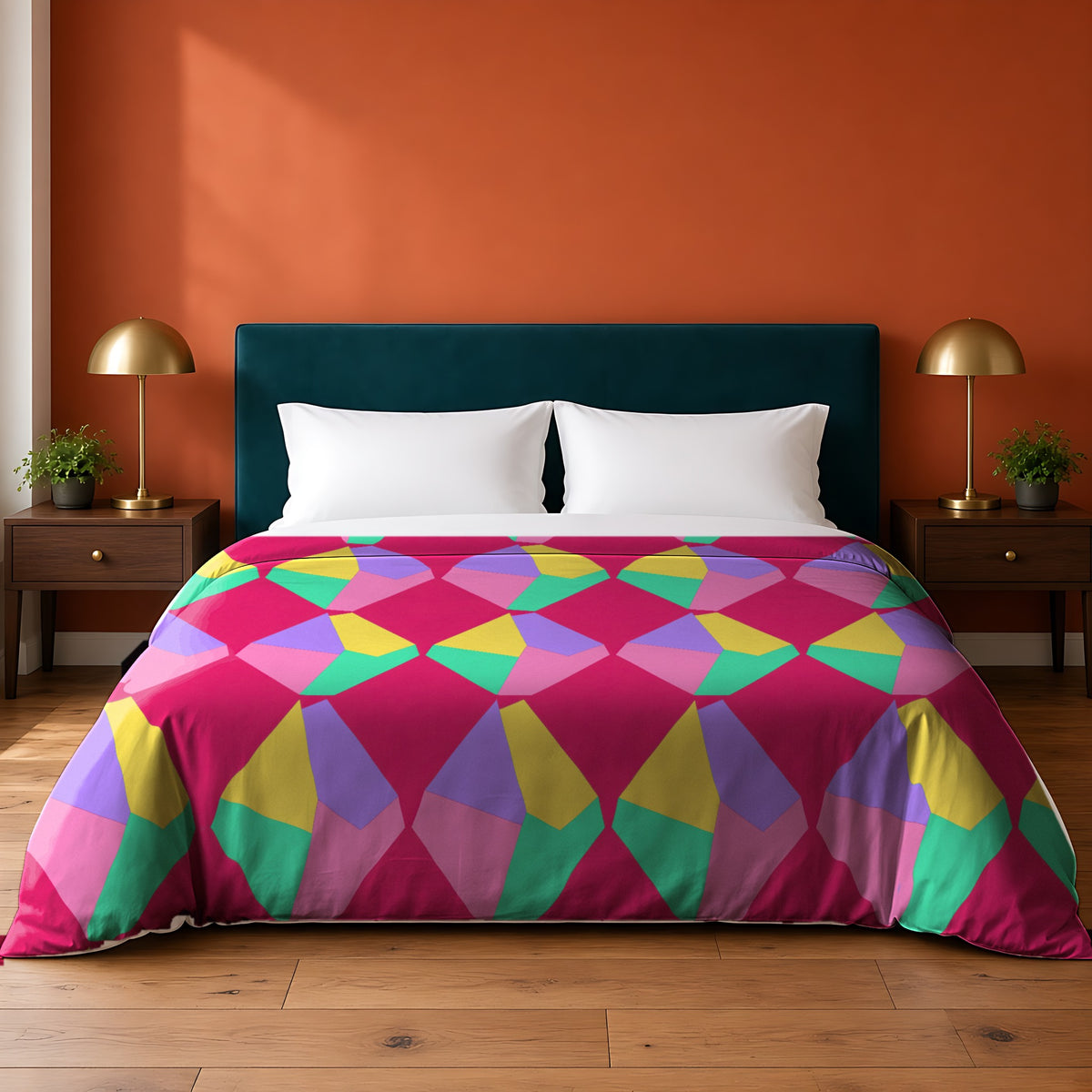 Grand Fractured Rhombus Cotton Duvet Cover in the Candy Pop on Raspberry palette, on a bed with a teal headboard against a terracotta wall
