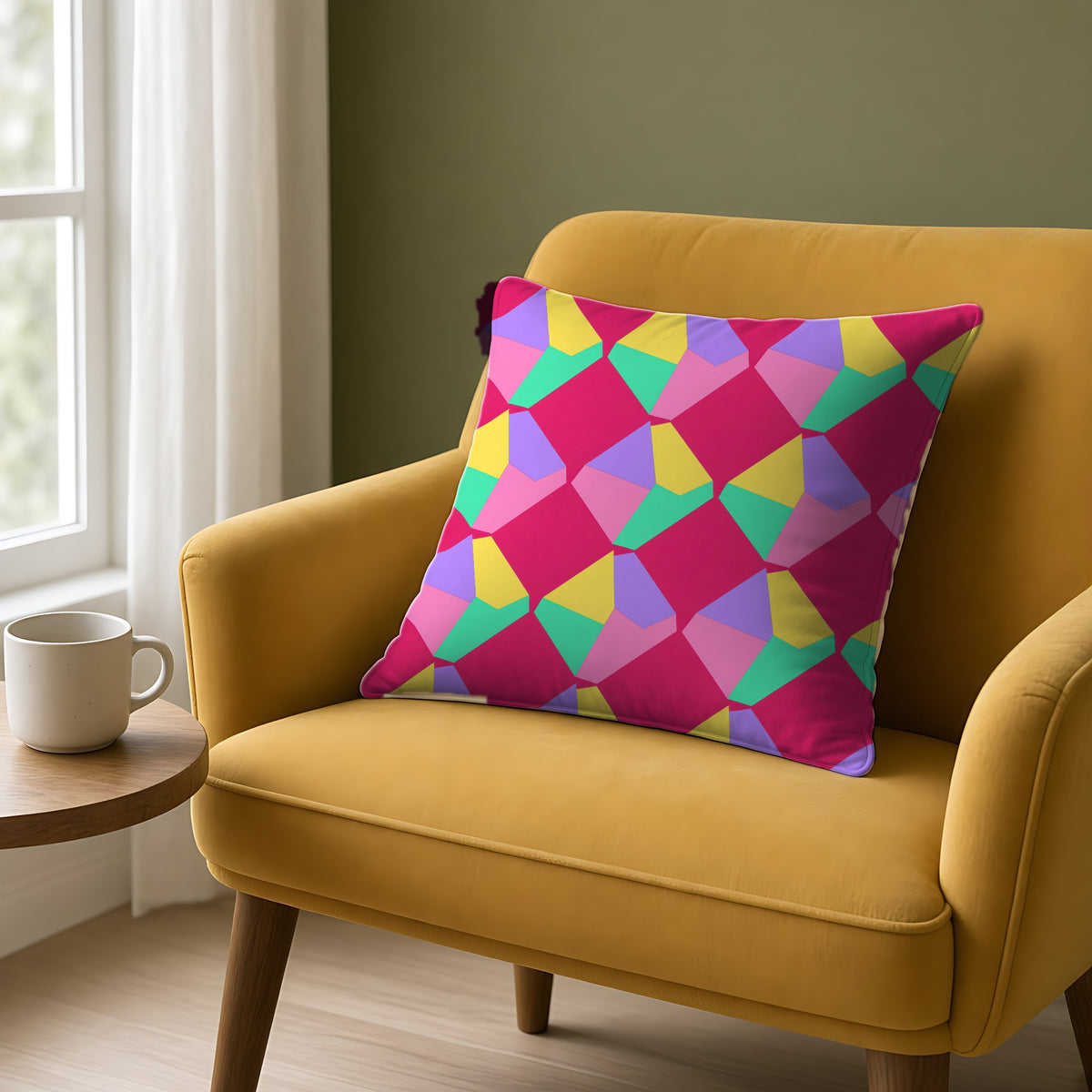 Grand Fractured Rhombus Faux Suede Cushion on a mustard armchair by a window