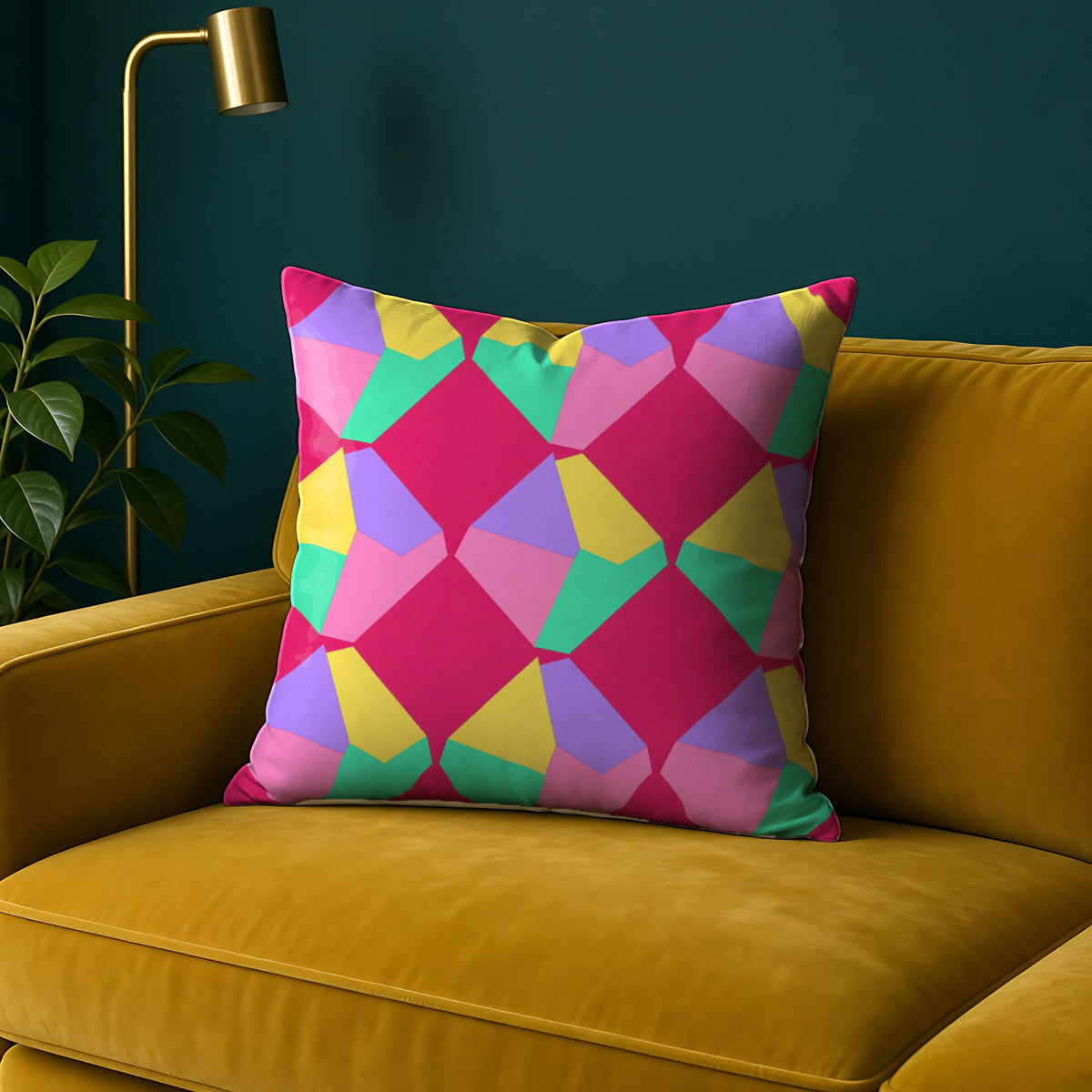 Grand Fractured Rhombus Faux Suede Cushion in the Candy Pop on Raspberry palette, on a mustard sofa against a teal wall