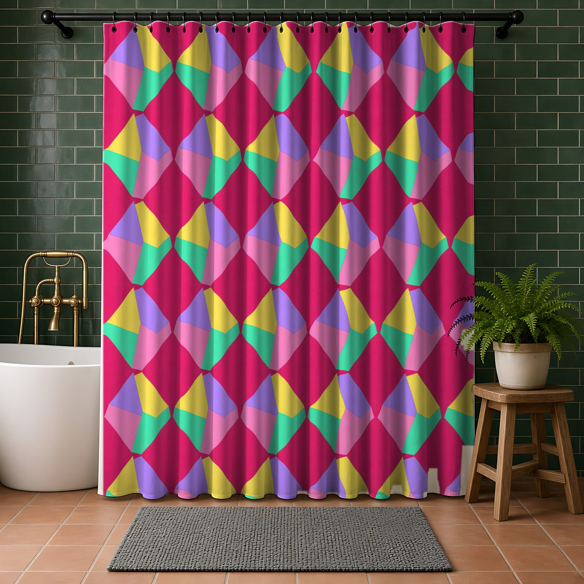 Grand Fractured Rhombus Shower Curtain in a bathroom with dark green tiles