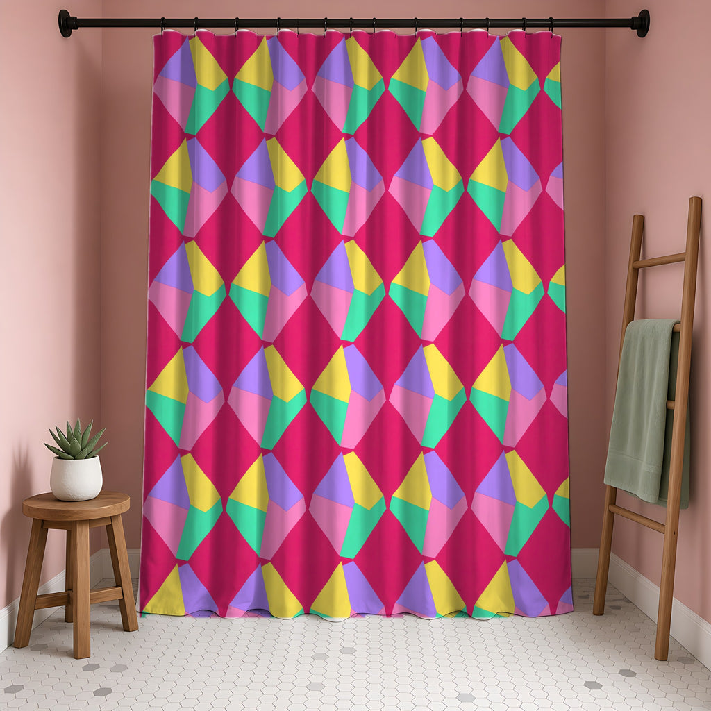 Grand Fractured Rhombus Shower Curtain in a blush-pink bathroom