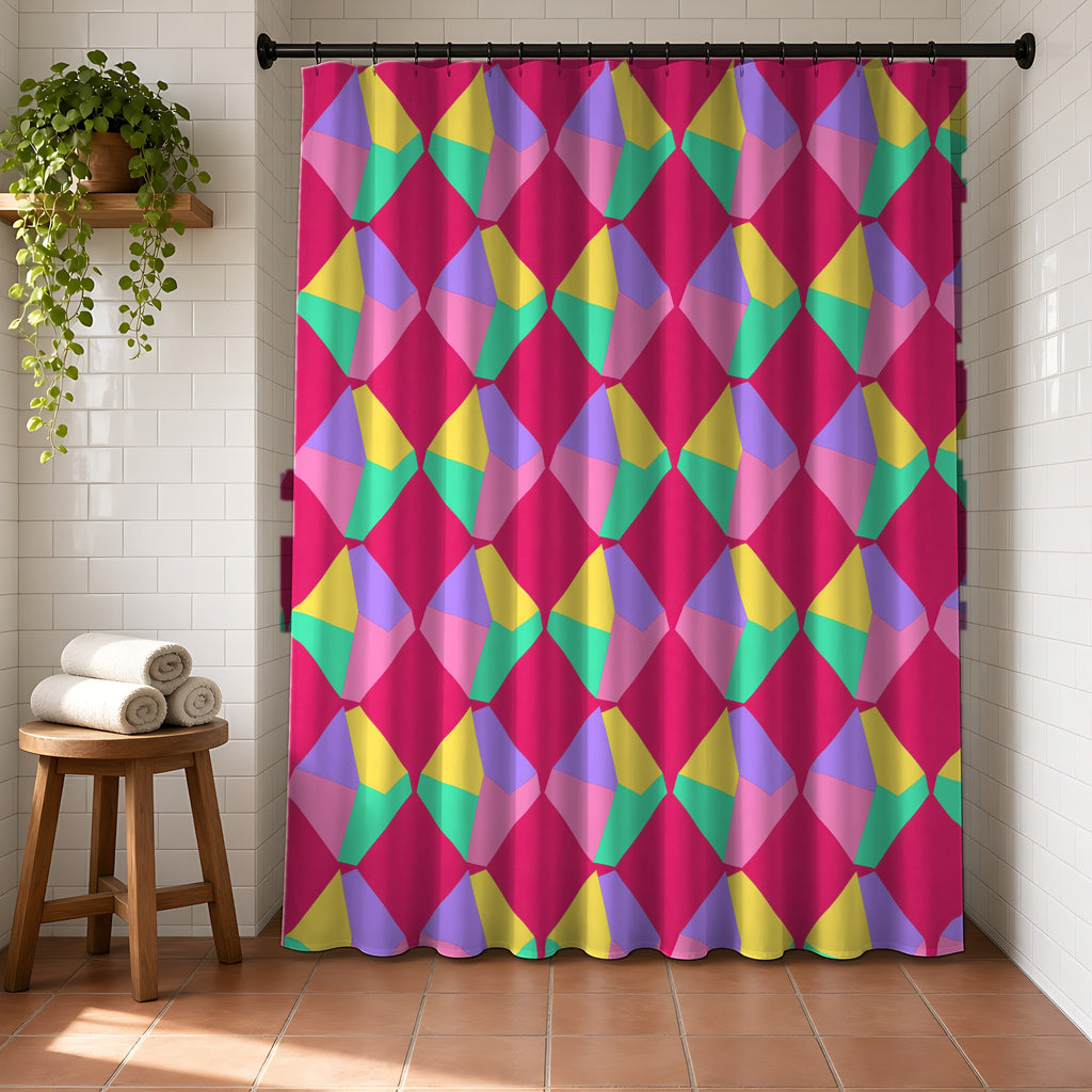 Grand Fractured Rhombus Shower Curtain in a bright bathroom with white tiles and a terracotta floor