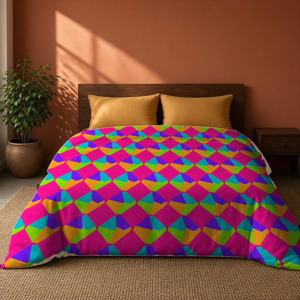 Grand Fractured Rhombus Comforter on a king bed against a warm terracotta wall