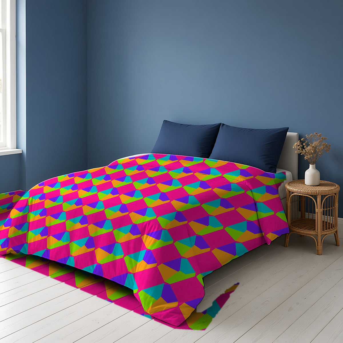 Grand Fractured Rhombus Comforter on a bed in a Scandinavian blue bedroom