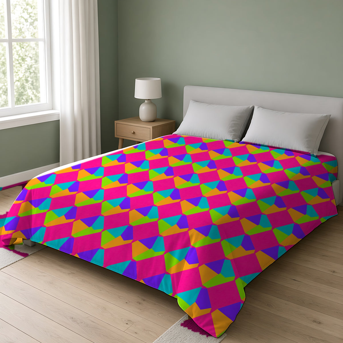 Grand Fractured Rhombus Comforter on a double bed in a bright sage-green bedroom