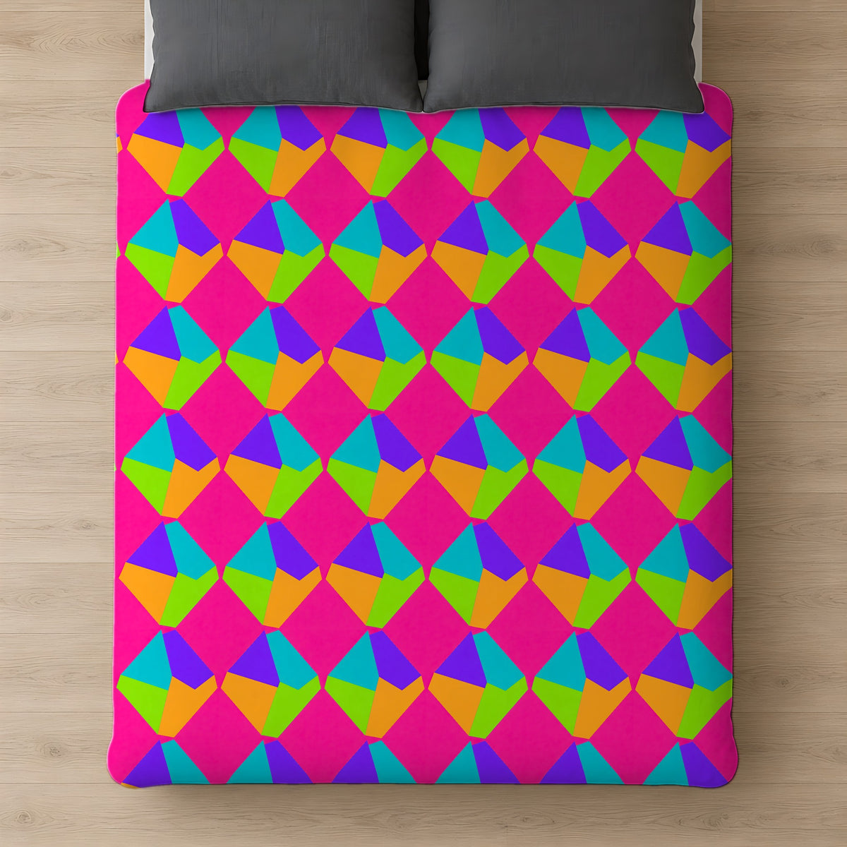 Grand Fractured Rhombus Comforter on a bed, seen from above