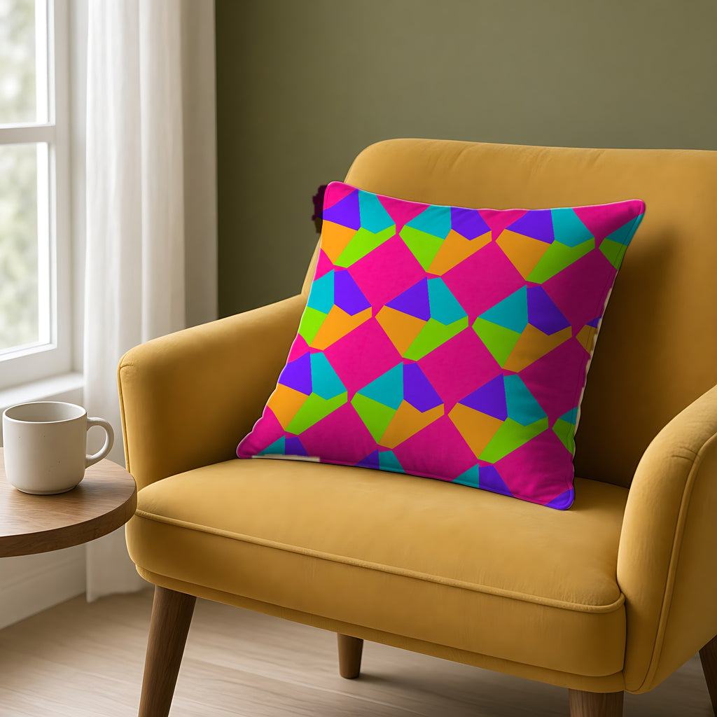 Grand Fractured Rhombus Faux Suede Cushion on a mustard armchair by a window