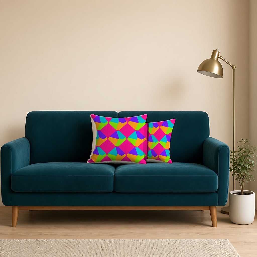 Grand Fractured Rhombus Faux Suede Cushion on a teal velvet sofa