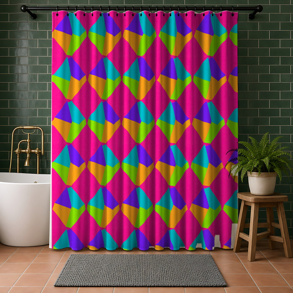 Grand Fractured Rhombus Shower Curtain in a bathroom with dark green tiles
