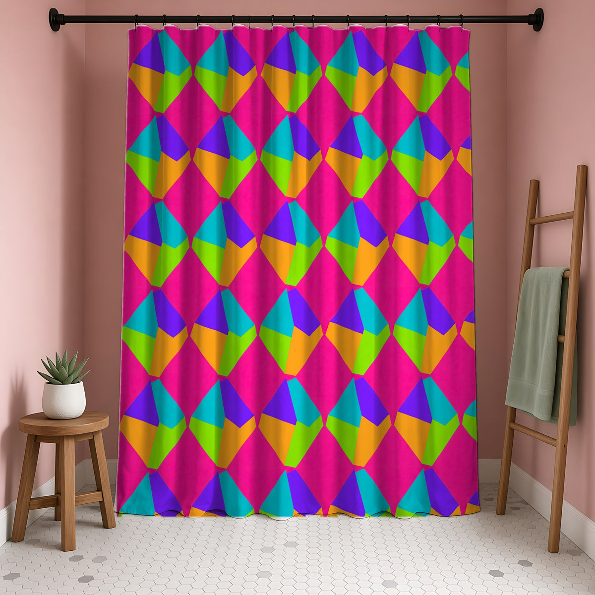 Grand Fractured Rhombus Shower Curtain in a blush-pink bathroom