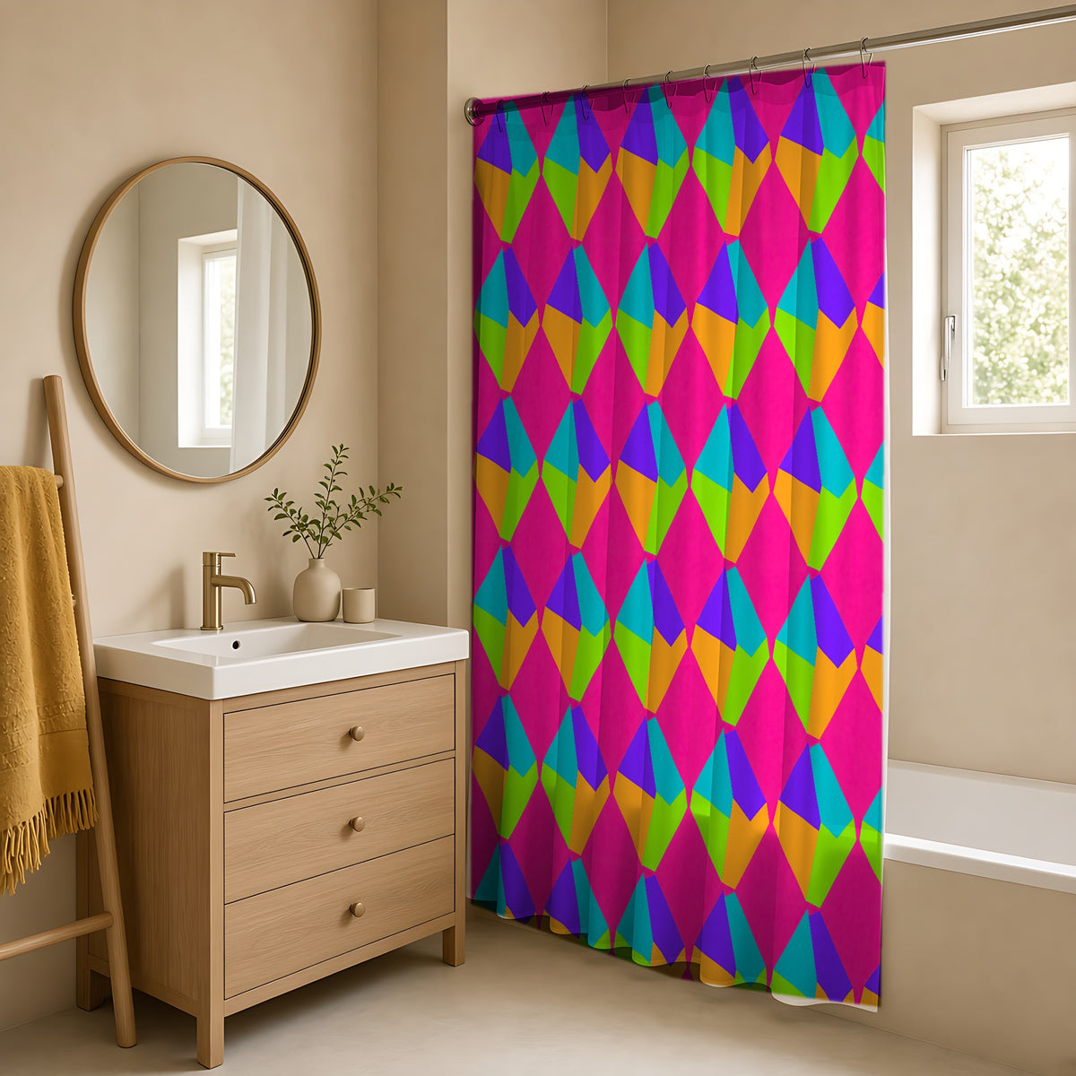 Grand Fractured Rhombus Shower Curtain in a warm neutral bathroom with an oak vanity