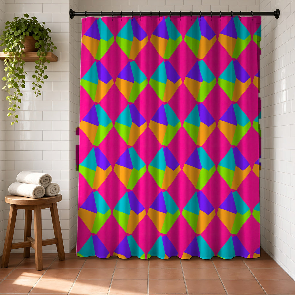 Grand Fractured Rhombus Shower Curtain in a bright bathroom with white tiles and a terracotta floor