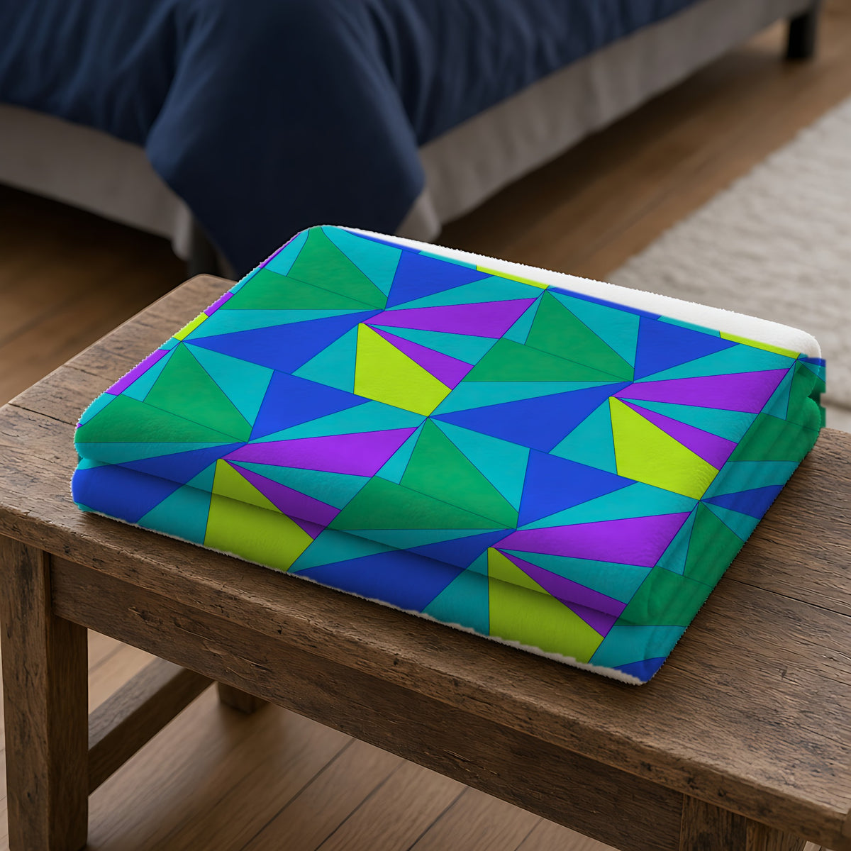 Cubist Sunburst Blocks Sherpa Fleece Blanket folded on a wooden bench