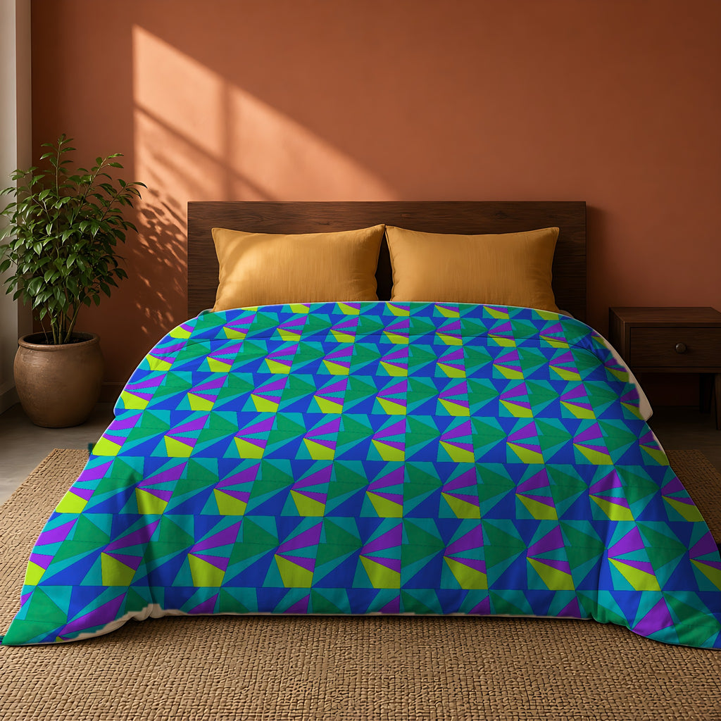 Cubist Sunburst Blocks Cotton Duvet Cover on a king bed against a warm terracotta wall