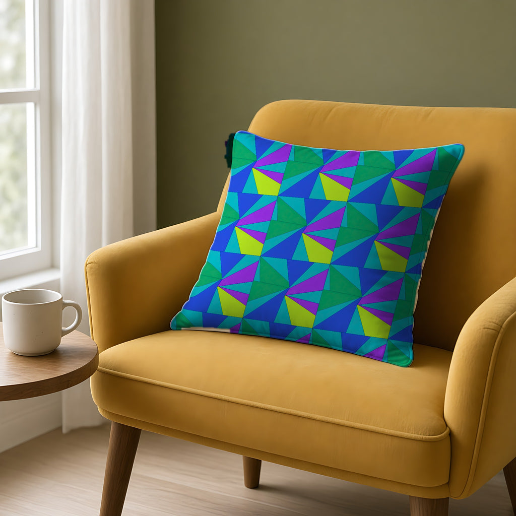 Cubist Sunburst Blocks Faux Suede Cushion on a mustard armchair by a window