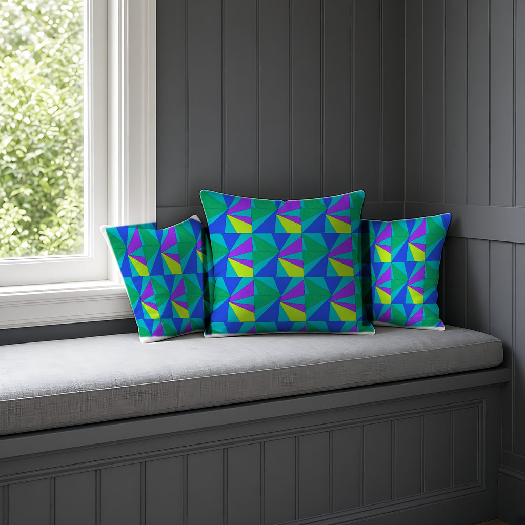 Cubist Sunburst Blocks Faux Suede Cushion on a window seat