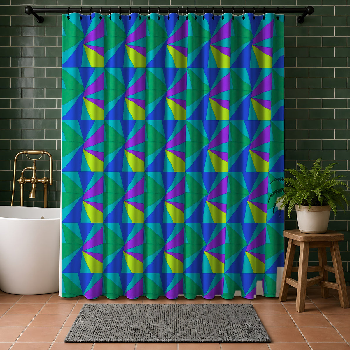 Cubist Sunburst Blocks Shower Curtain in a bathroom with dark green tiles