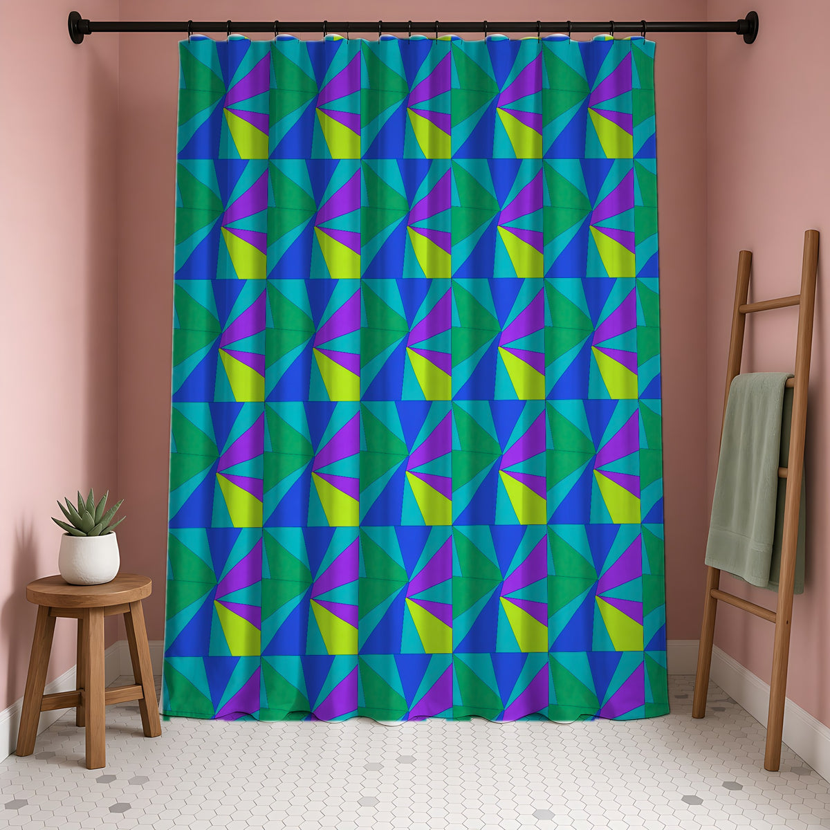 Cubist Sunburst Blocks Shower Curtain in a blush-pink bathroom