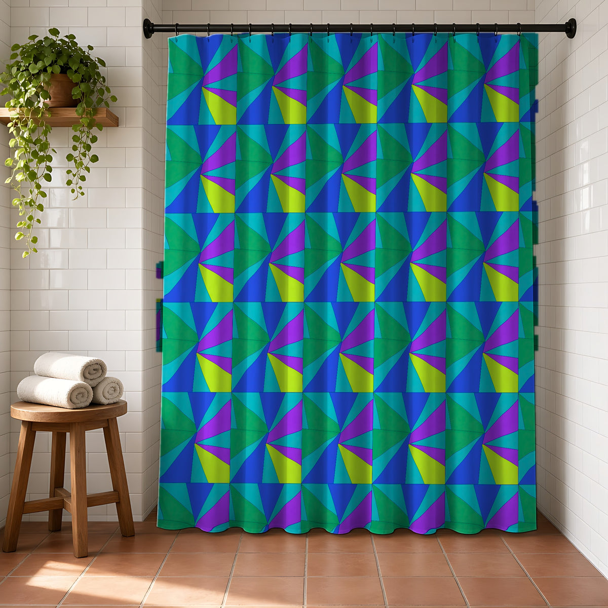 Cubist Sunburst Blocks Shower Curtain in a bright bathroom with white tiles and a terracotta floor