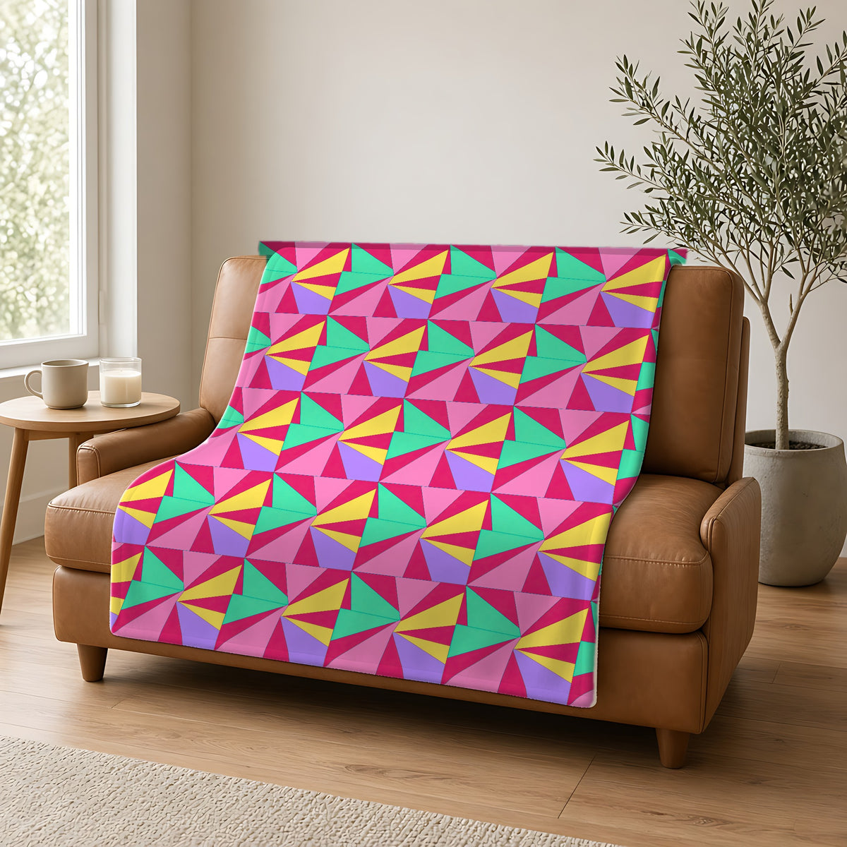 Cubist Sunburst Blocks Sherpa Fleece Blanket draped over a caramel leather sofa