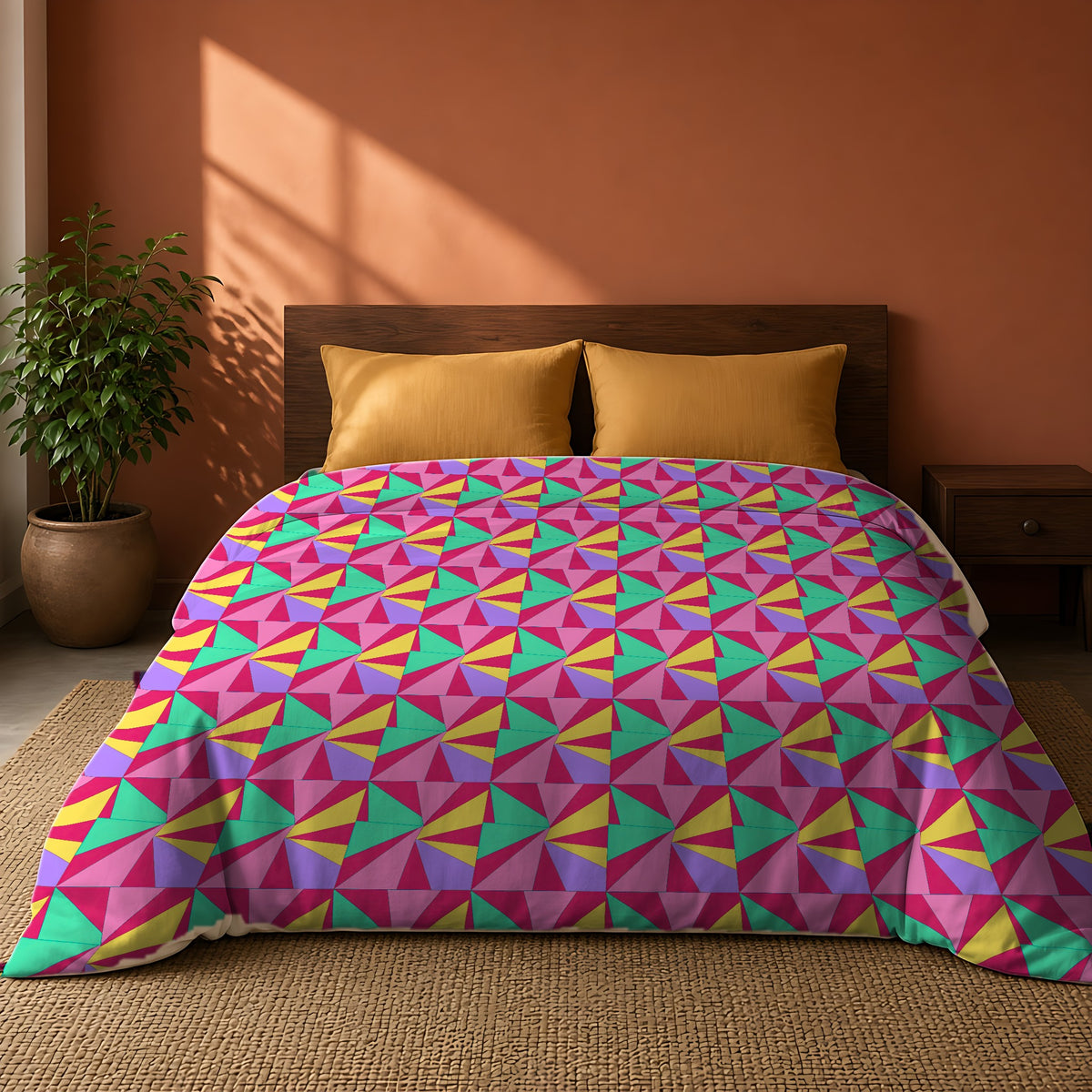 Cubist Sunburst Blocks Comforter on a king bed against a warm terracotta wall