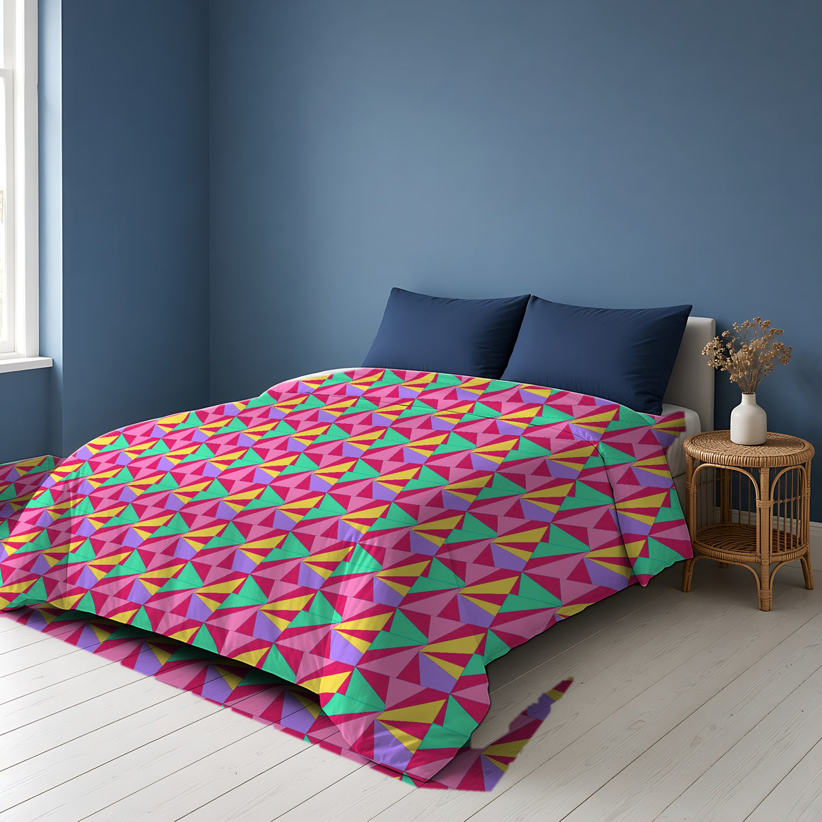Cubist Sunburst Blocks Comforter on a bed in a Scandinavian blue bedroom