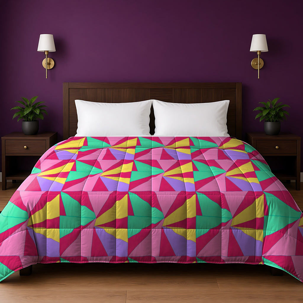 Cubist Sunburst Blocks Comforter in the Candy Pop on Raspberry palette, on a bed with a walnut headboard against a plum wall