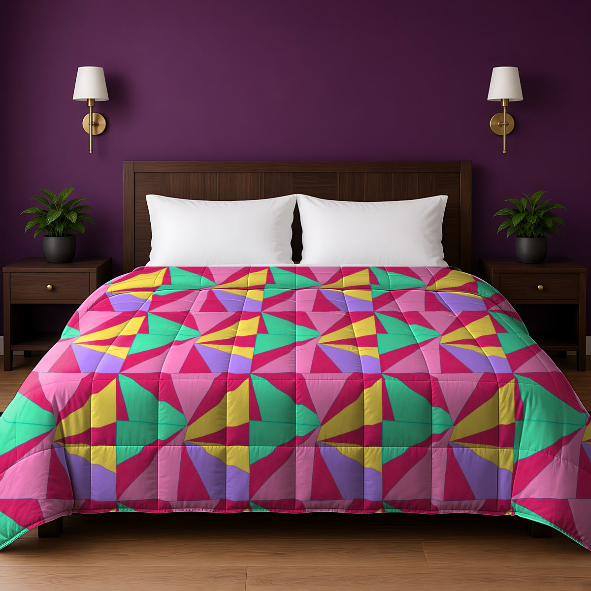 Cubist Sunburst Blocks Comforter in the Candy Pop on Raspberry palette, on a bed with a walnut headboard against a plum wall