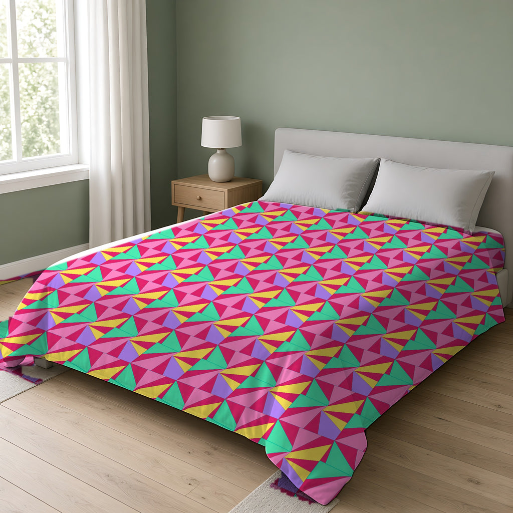 Cubist Sunburst Blocks Cotton Duvet Cover on a double bed in a bright sage-green bedroom
