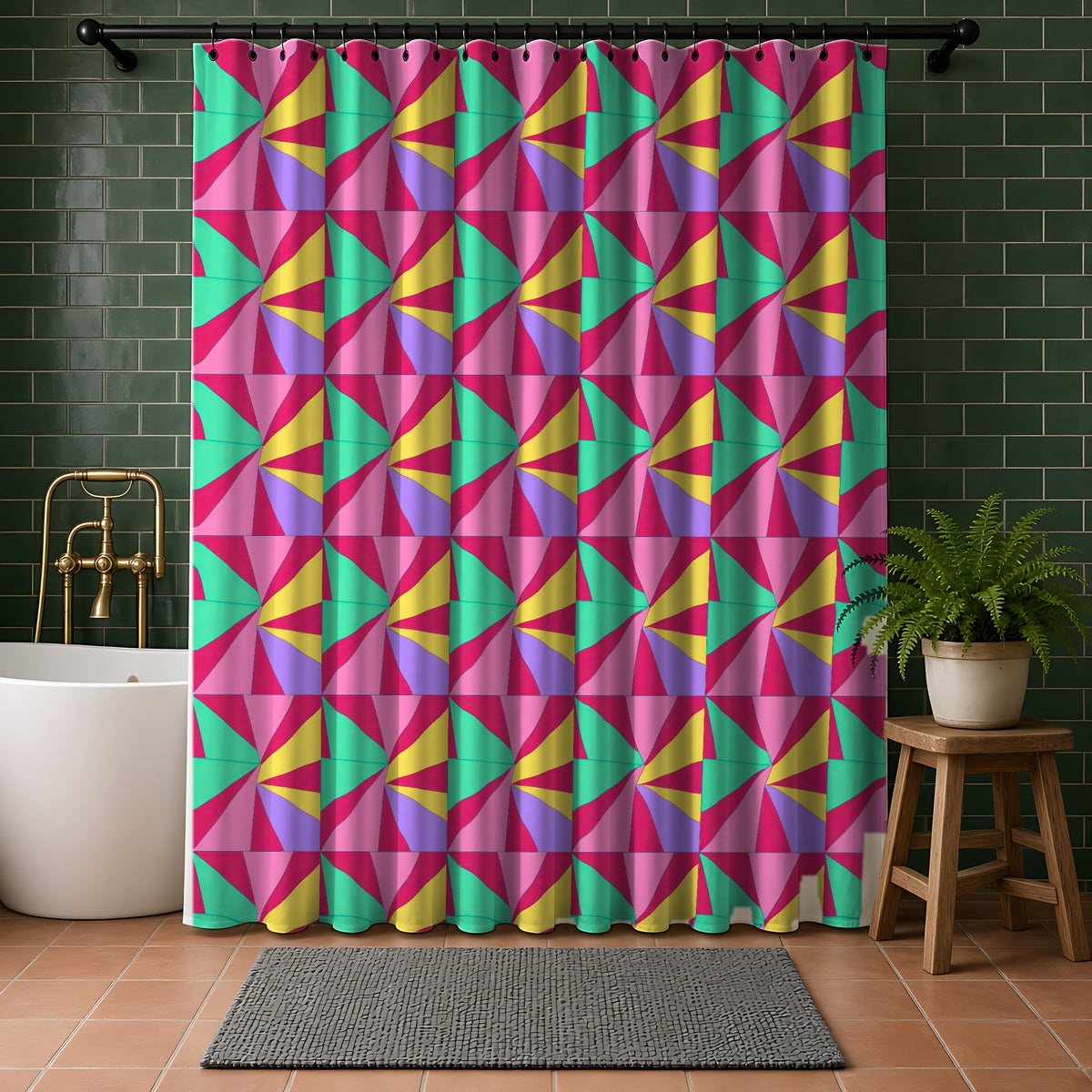 Cubist Sunburst Blocks Shower Curtain in a bathroom with dark green tiles