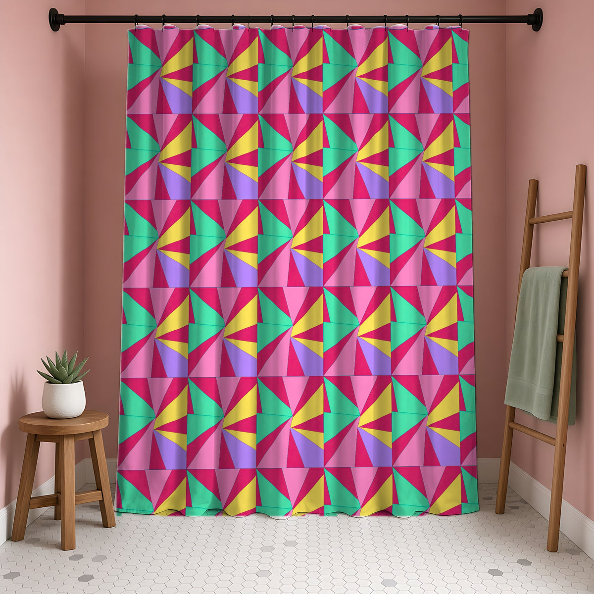 Cubist Sunburst Blocks Shower Curtain in a blush-pink bathroom