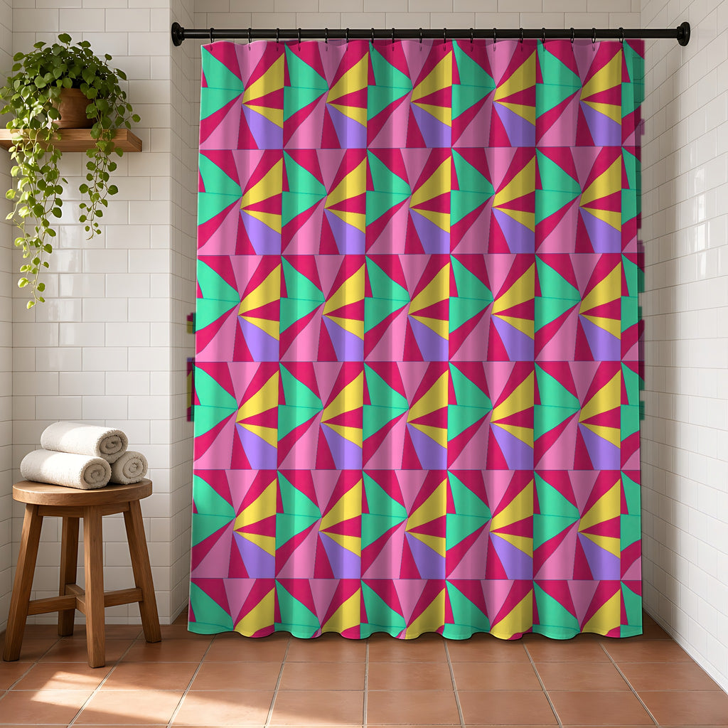 Cubist Sunburst Blocks Shower Curtain in a bright bathroom with white tiles and a terracotta floor
